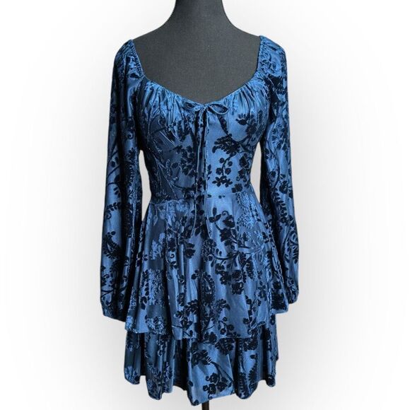 City Vibe Blue Burnout Velvet Mini Dress Sz 1 Long Sleeve Fit & Flare Boho Roman - Picture 2 of 8